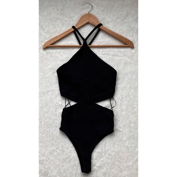 NWT Zara Black Ribbed Cutout Halter Neck Bodysuit, Size Small - Picture 9 of 12
